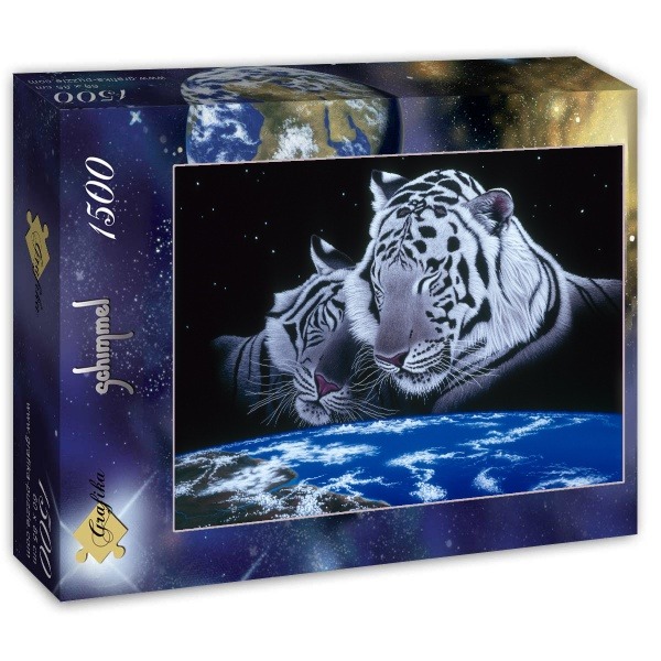 Two white tigers resting against a backdrop of deep space with the planet Earth below them.