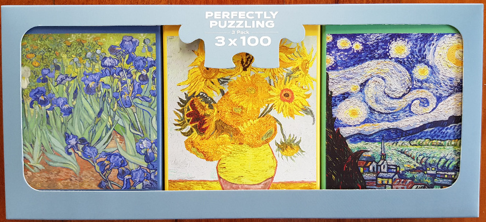 A triptych of three famous Vincent van Gogh paintings: Irises, Sunflowers, and The Starry Night.