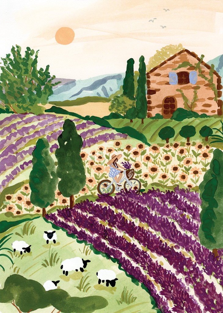 A whimsical illustration of a person riding a bicycle through a sunny landscape of lavender fields and sunflowers.