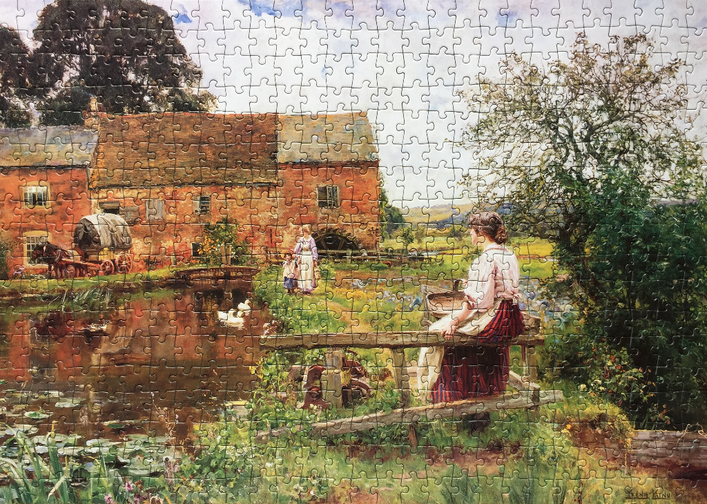 A Victorian-style painting of a young woman sitting by a mill pond in the countryside.