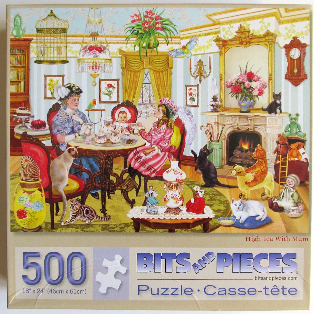 A Victorian-era parlor scene featuring a mother and daughter having tea, surrounded by numerous cats, toys, and antiques.