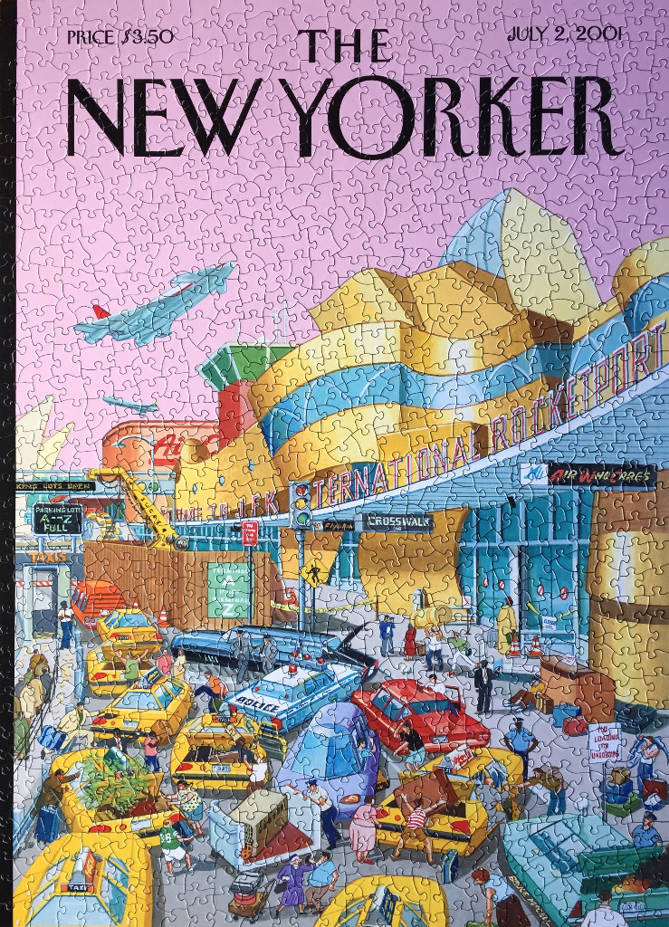 Illustration of a chaotic, congested airport terminal scene with many yellow taxis and travelers.