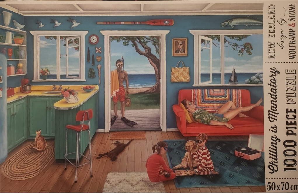 A whimsical illustration of a cozy seaside cottage interior with a kitchen, living area, and people relaxing.