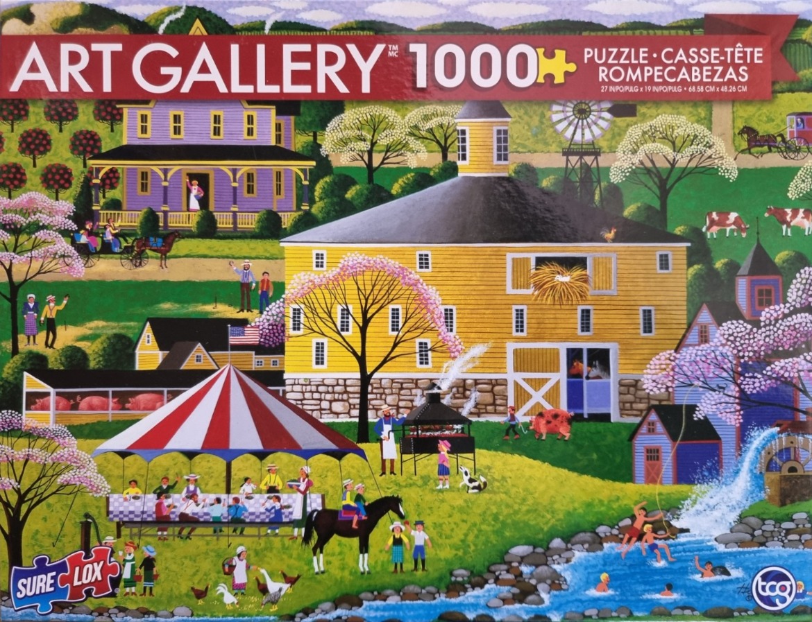 Folk art scene of a rural farm community gathering with a large yellow barn, a striped tent, and people enjoying a picnic.
