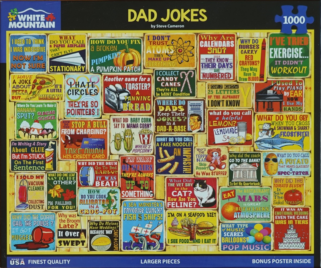 A collage of various colorful vintage-style signs featuring classic dad jokes and humorous illustrations.