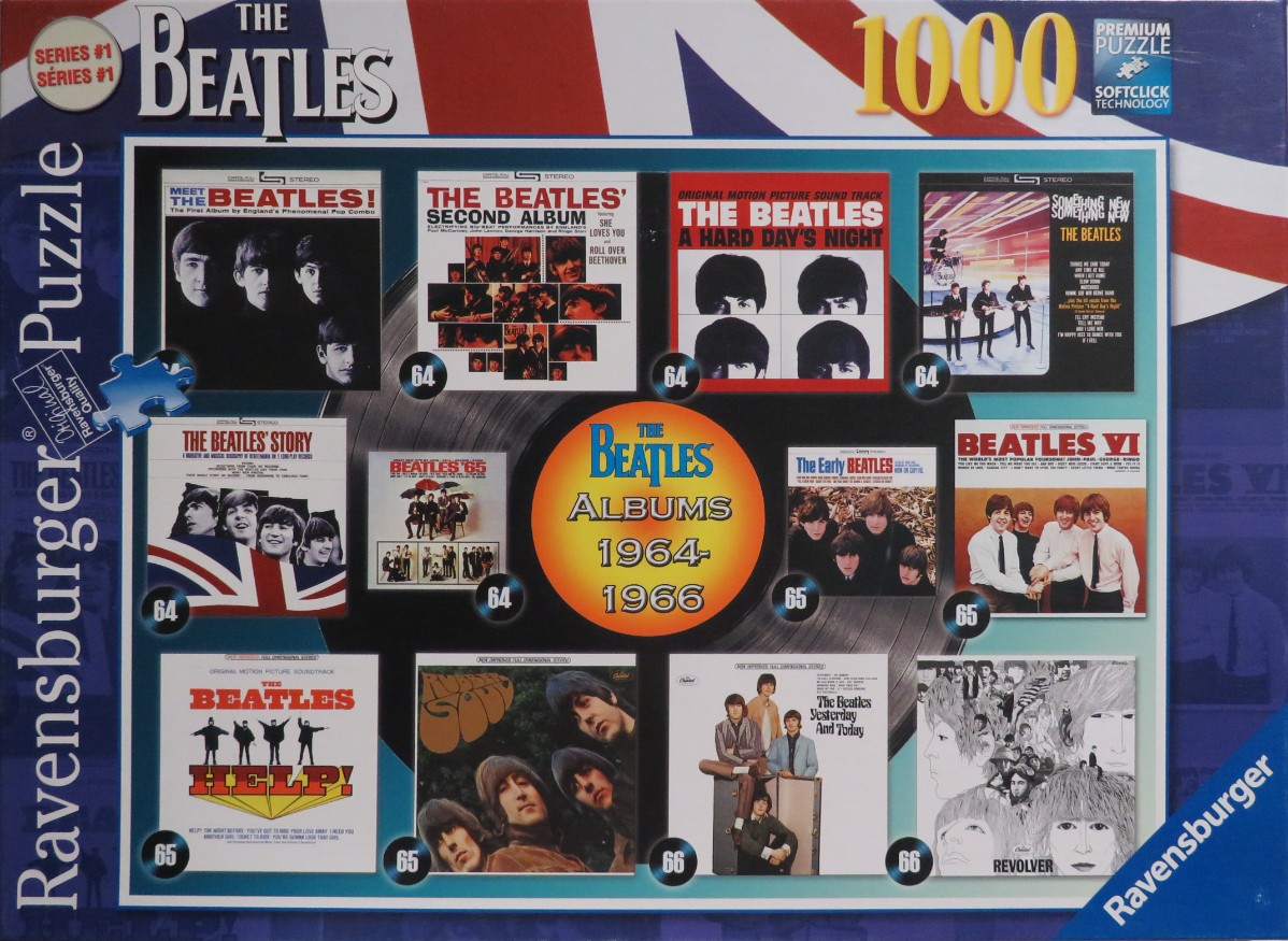 A collage of classic The Beatles album covers from 1964-1966 arranged on a black vinyl record graphic.