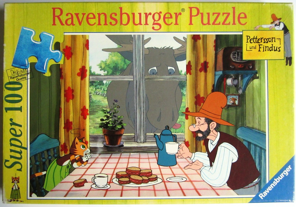 Cartoon illustration of an old man and a cat at a table with a curious moose looking in through a window.