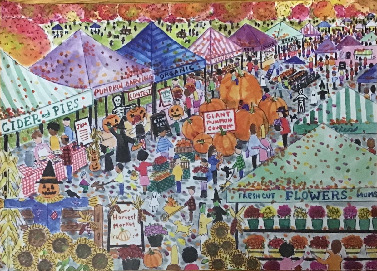 Watercolor illustration of a bustling autumn harvest market scene filled with stalls, pumpkins, and people in costumes.
