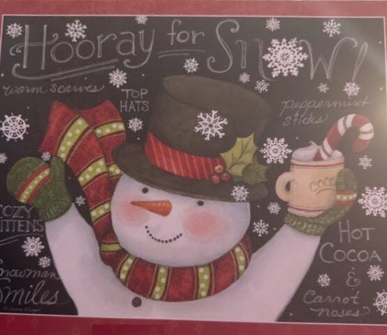 A cheerful snowman illustration on a chalkboard background with the text Hooray for Snow.
