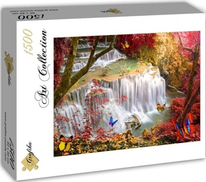 A multi-tiered waterfall flowing through an autumnal forest with bright butterflies in the foreground.