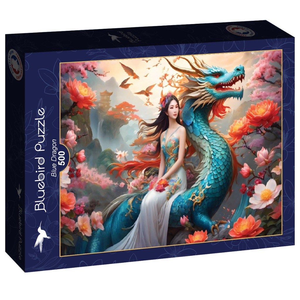 Digital fantasy artwork of a woman in a white dress sitting atop a vibrant blue dragon surrounded by cherry blossoms.