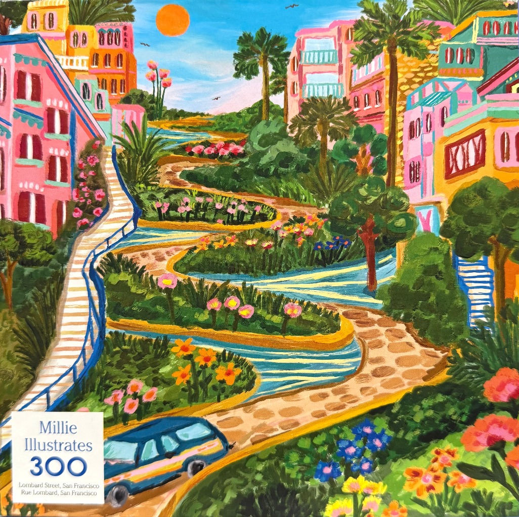 An impressionist-style painting of the winding Lombard Street in San Francisco with colorful houses and flowers.