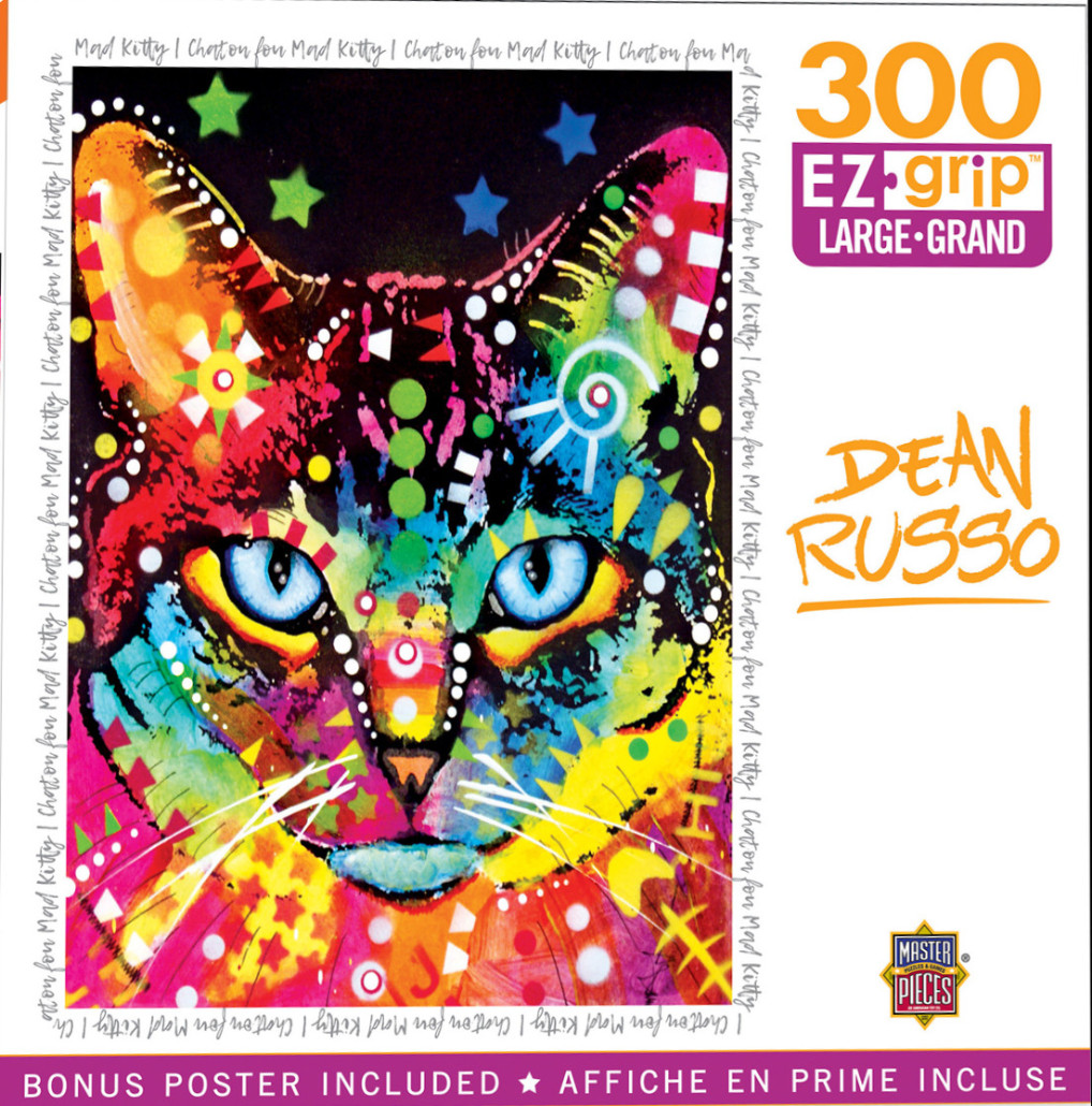 A vibrant, abstract portrait of a cat with neon colors, geometric shapes, and piercing blue eyes.