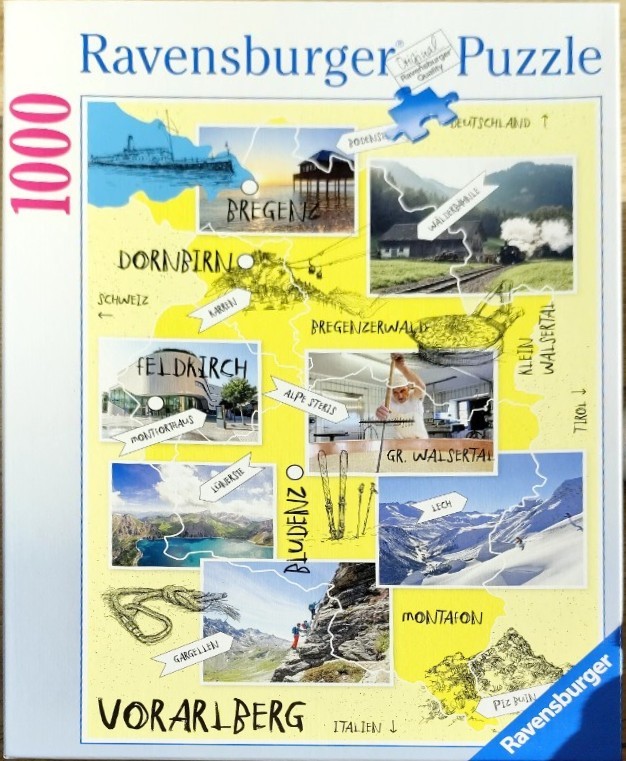 A collage map of Vorarlberg featuring various regional landmarks, landscapes, and activities.