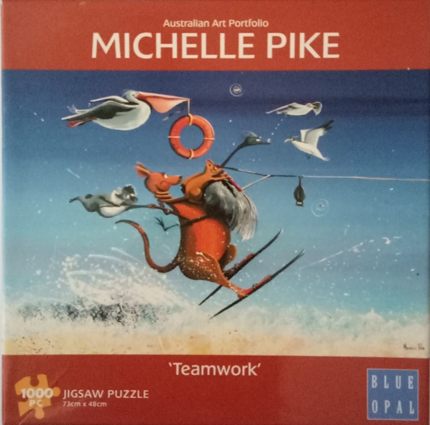 Whimsical painting of an Australian kangaroo water-skiing while pulled by birds and animals.