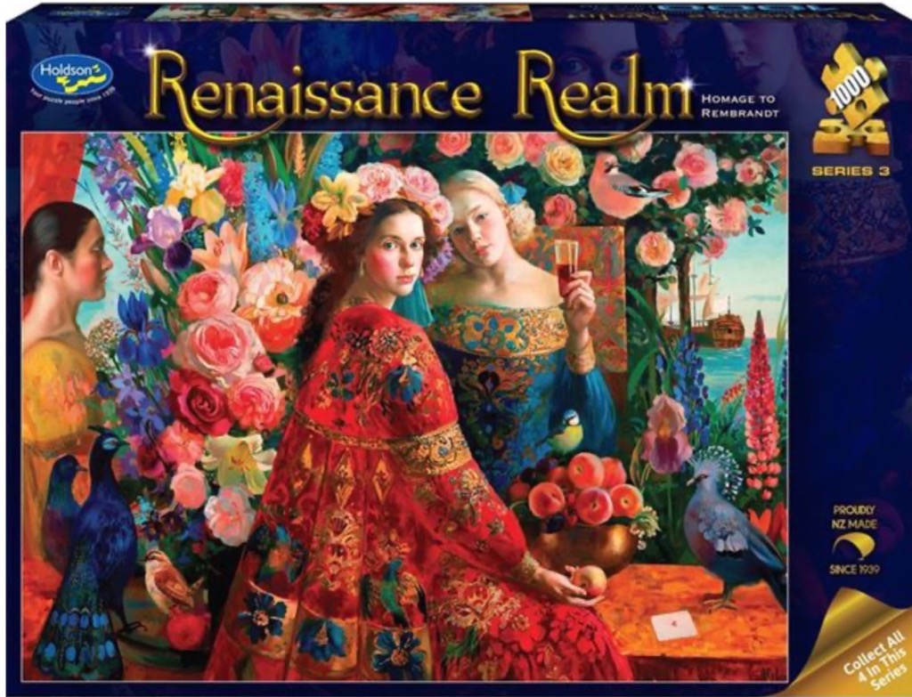 An opulent Renaissance-style painting featuring three women surrounded by lavish flowers, fruit, and exotic birds.