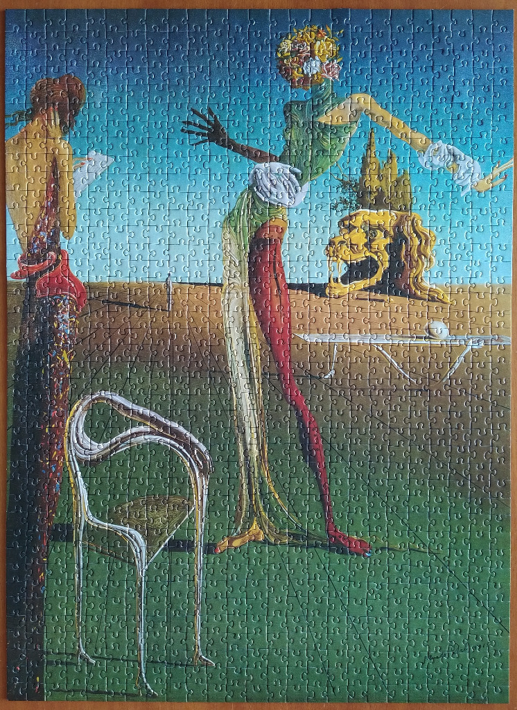 Surrealist painting featuring a central figure with a floral head and an iron on an ironing board in a desert landscape.