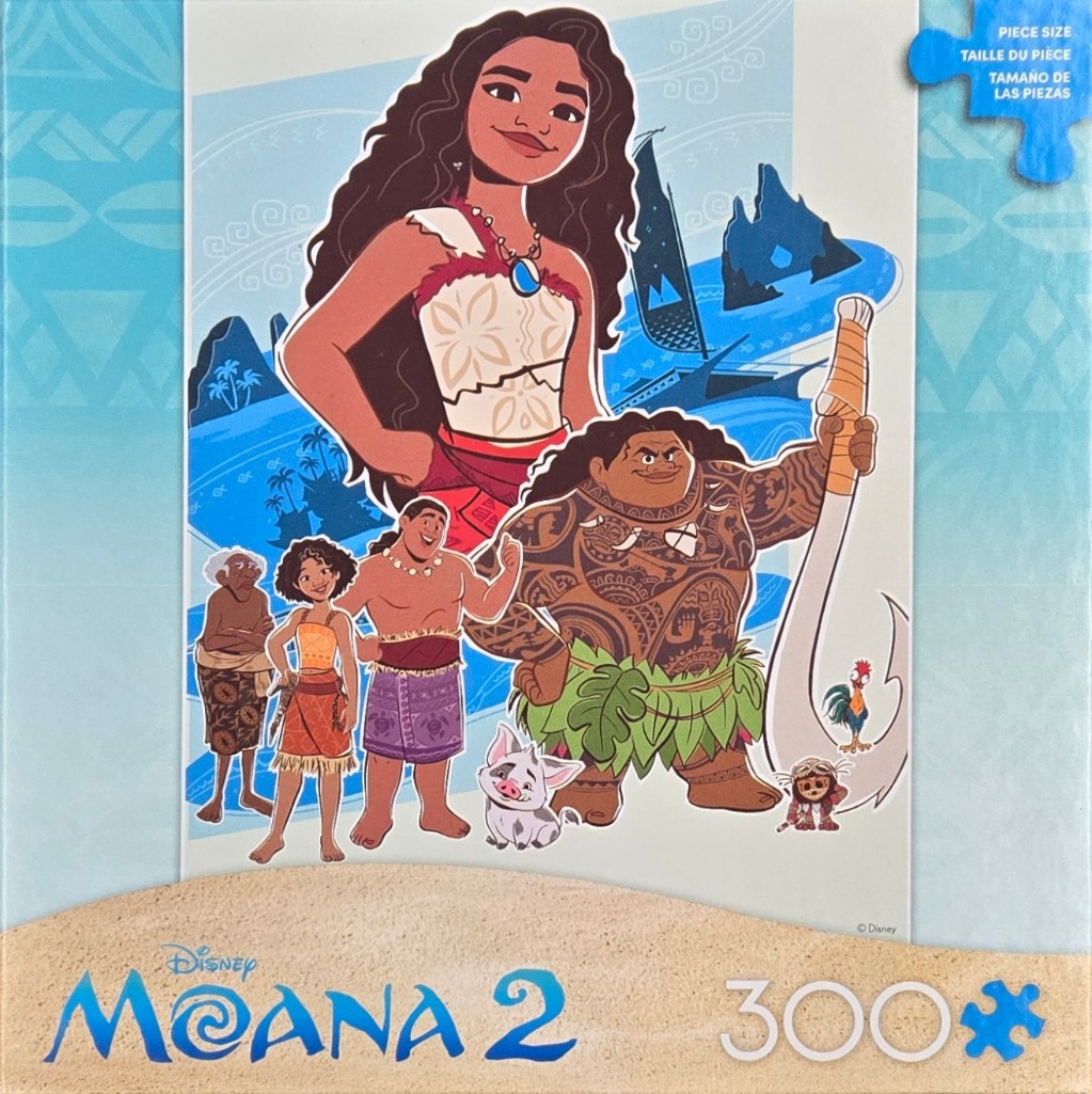 Moana and Maui standing with supporting characters from Moana 2 against a stylized blue tropical background.