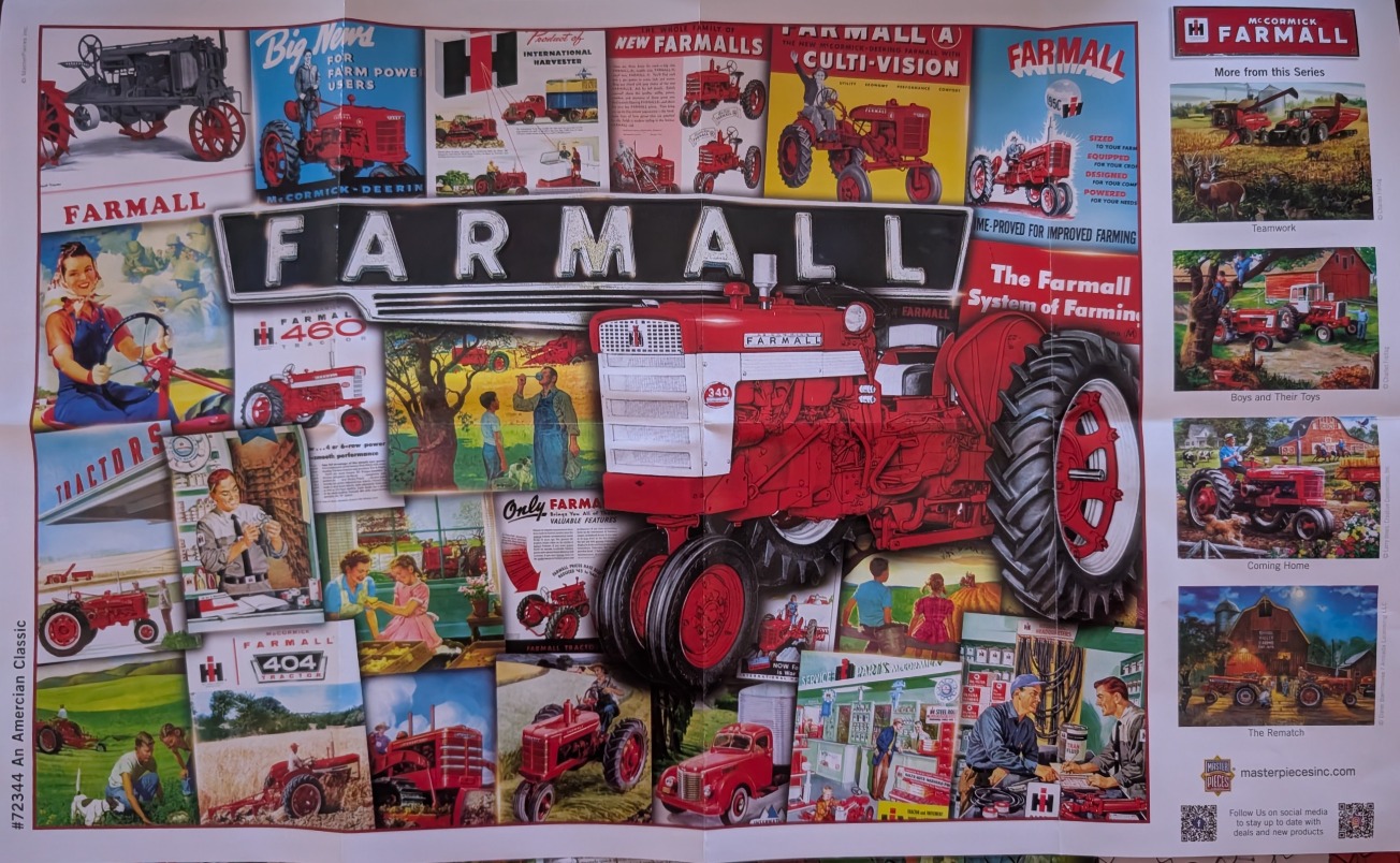 A collage of vintage agricultural advertisements and illustrations featuring red farm tractors.