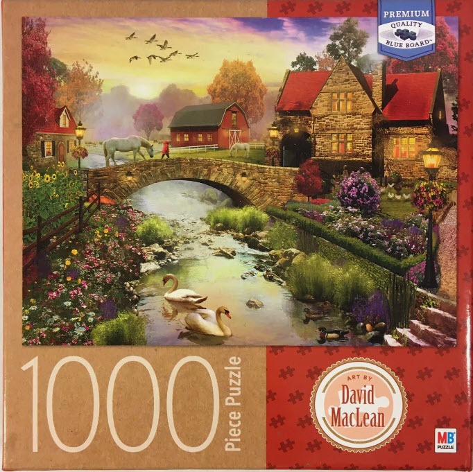 A peaceful rural scene with a stone bridge, a stream with swans, and a cozy house at sunset.