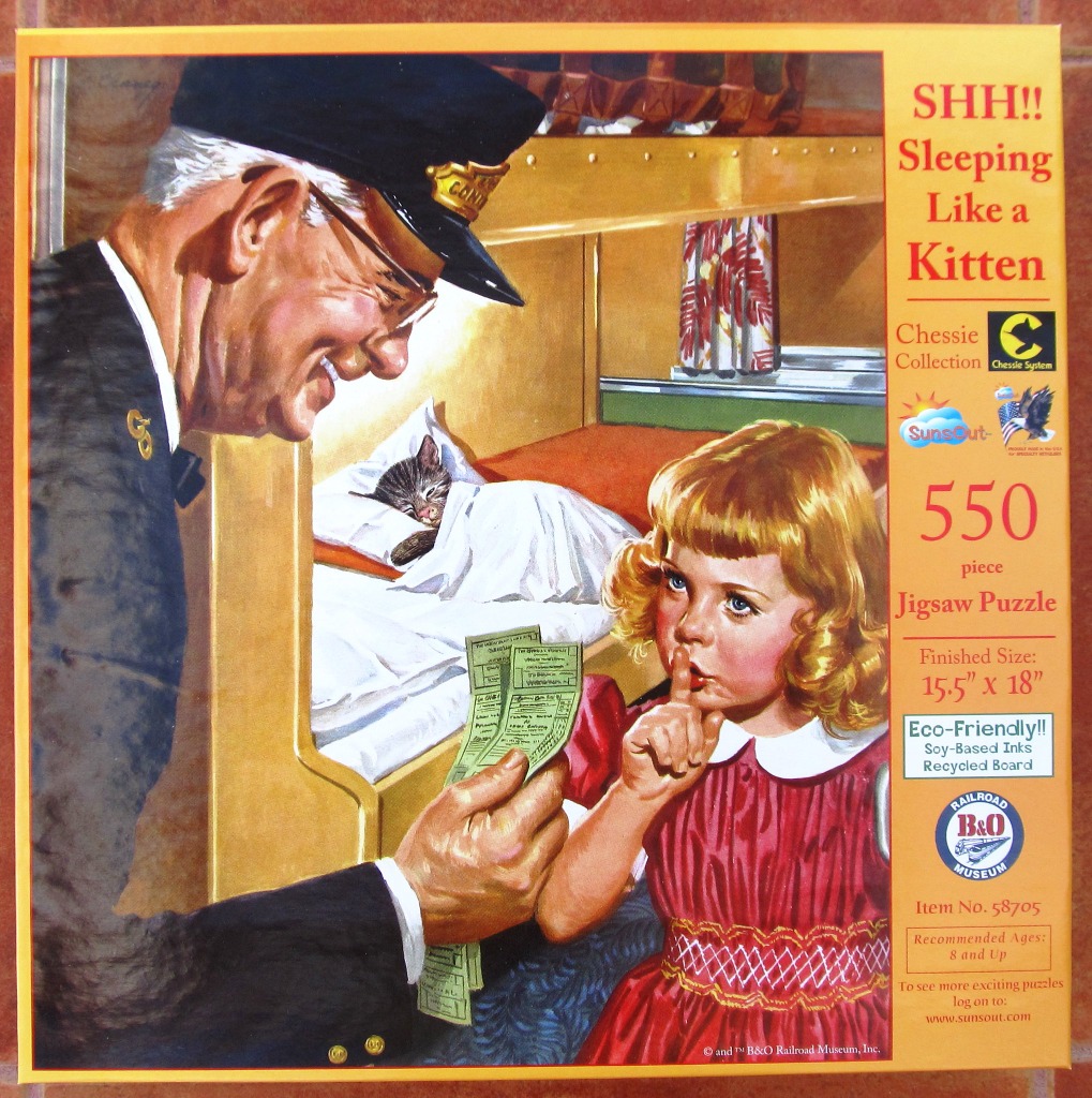 A train conductor checks a ticket while a young girl with blonde curls holds a finger to her lips in a sleeping car.