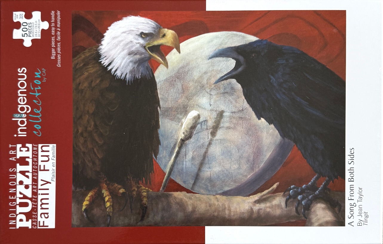 Painting of a bald eagle and a raven facing each other on a branch in front of a full moon.