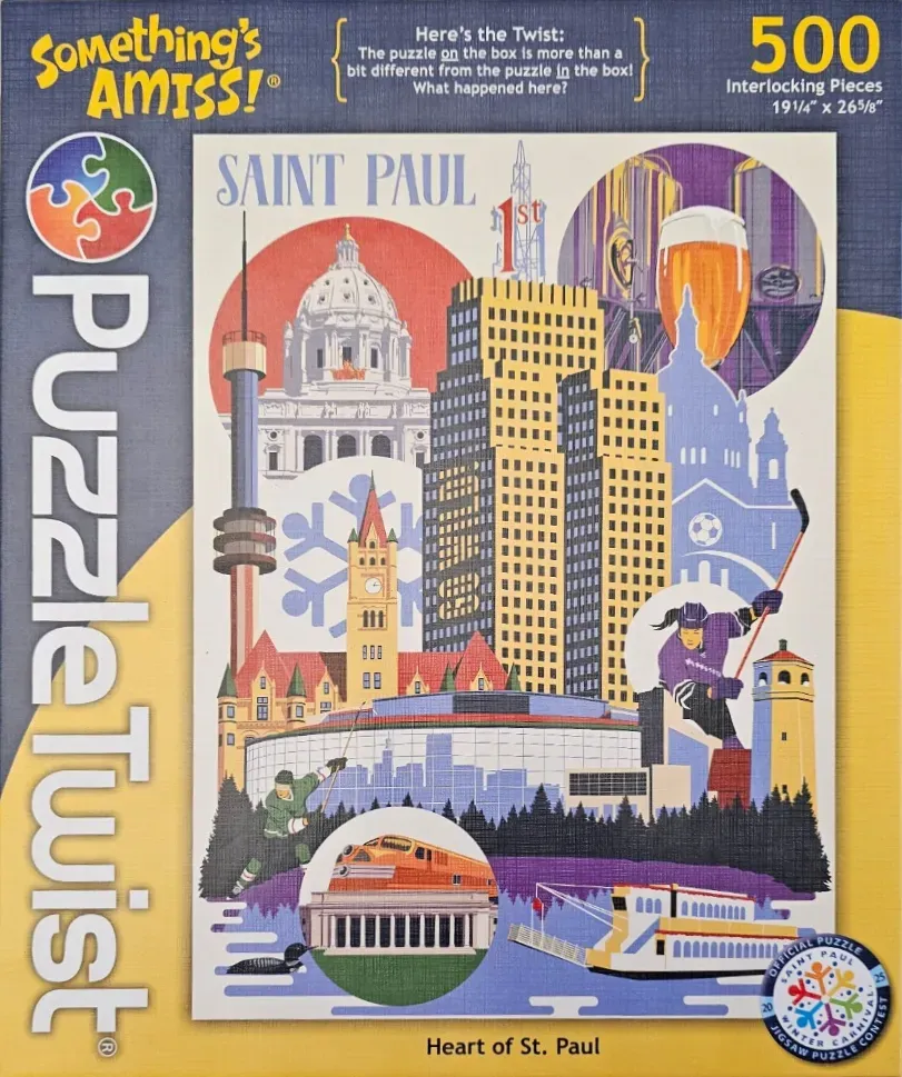 Artistic montage illustration of Saint Paul, Minnesota landmarks and symbols in a stylized, modern graphic design.