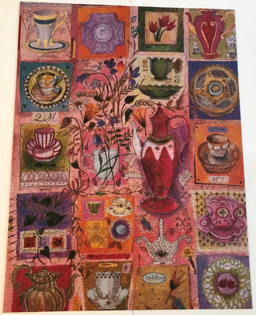 A whimsical collage of tea cups, teapots, and floral arrangements in a muted, warm-toned artistic style.