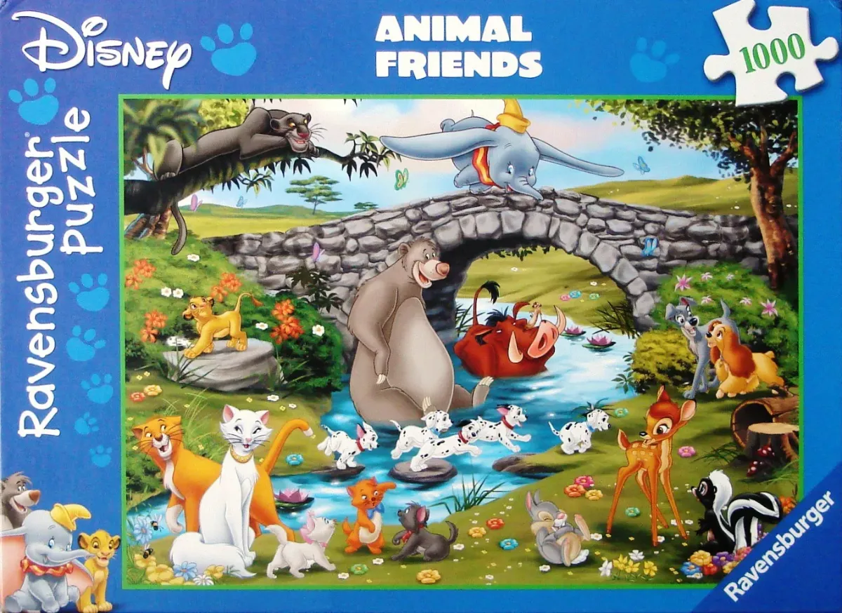 A montage of various Disney animated animal characters gathered around a stone bridge in a lush, green landscape.