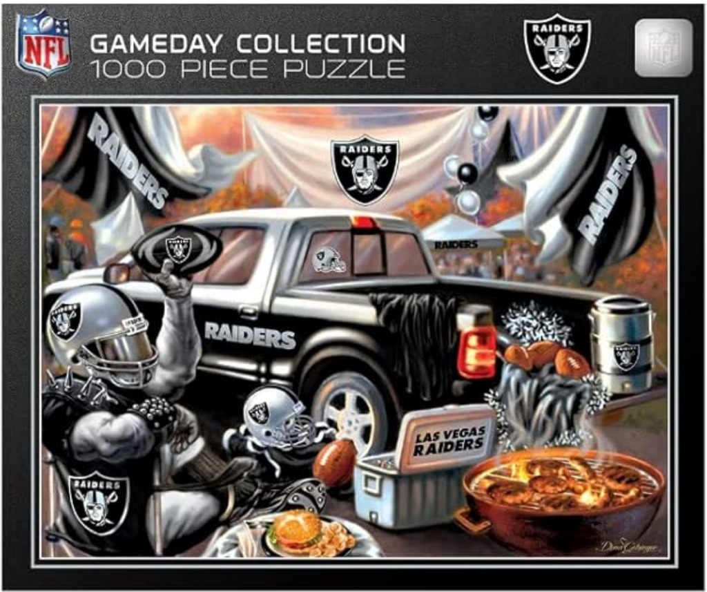 Illustration of Las Vegas Raiders football themed tailgating scene with a truck, grill, and fans.