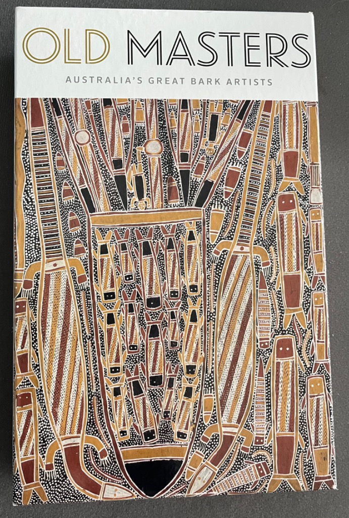 Indigenous Australian X-ray style bark painting of a fish trap containing multiple fish.
