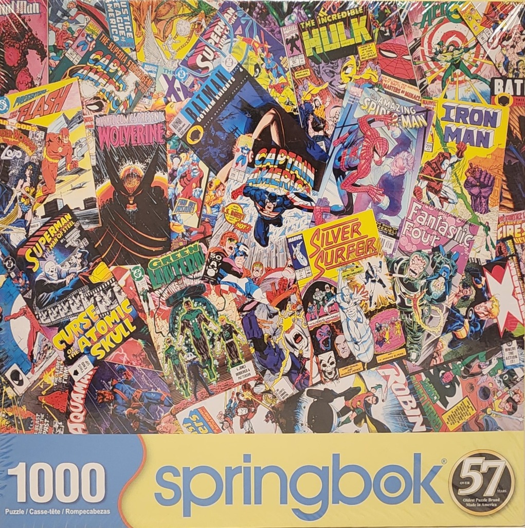 A collage of various classic superhero comic book covers.