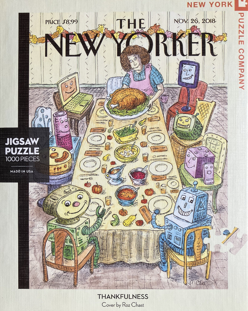 Illustration of a woman serving a Thanksgiving turkey to a group of anthropomorphic electronic gadgets at a dinner table.