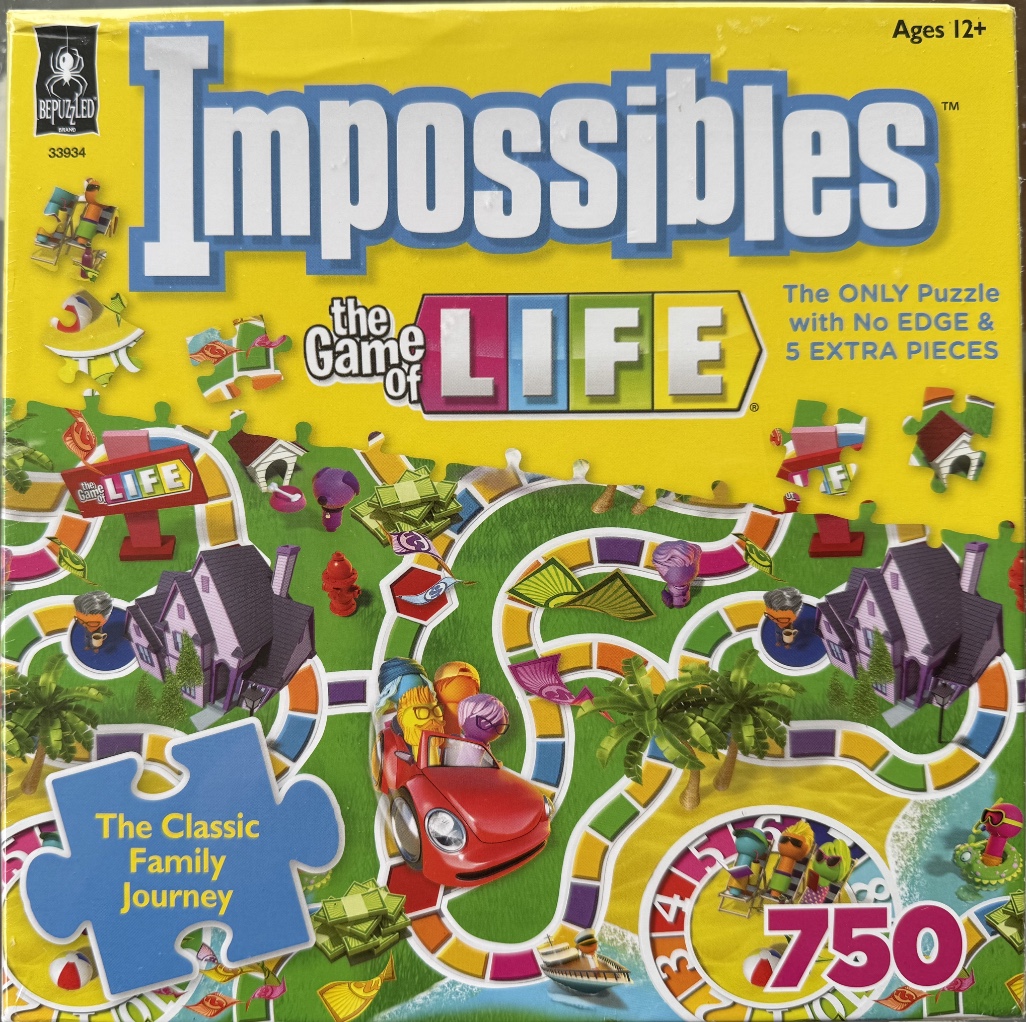 An illustration of the Game of Life board game path with houses, a red car, and colorful landscapes.