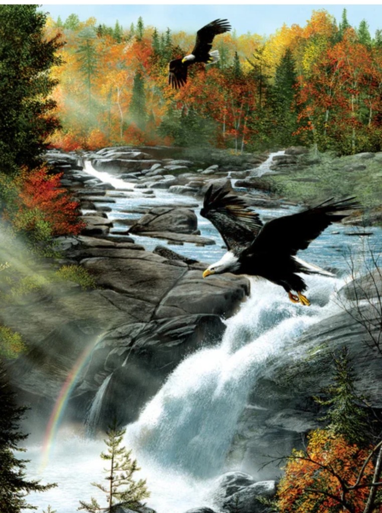Two bald eagles flying over a waterfall in a vibrant autumn forest with a rainbow.