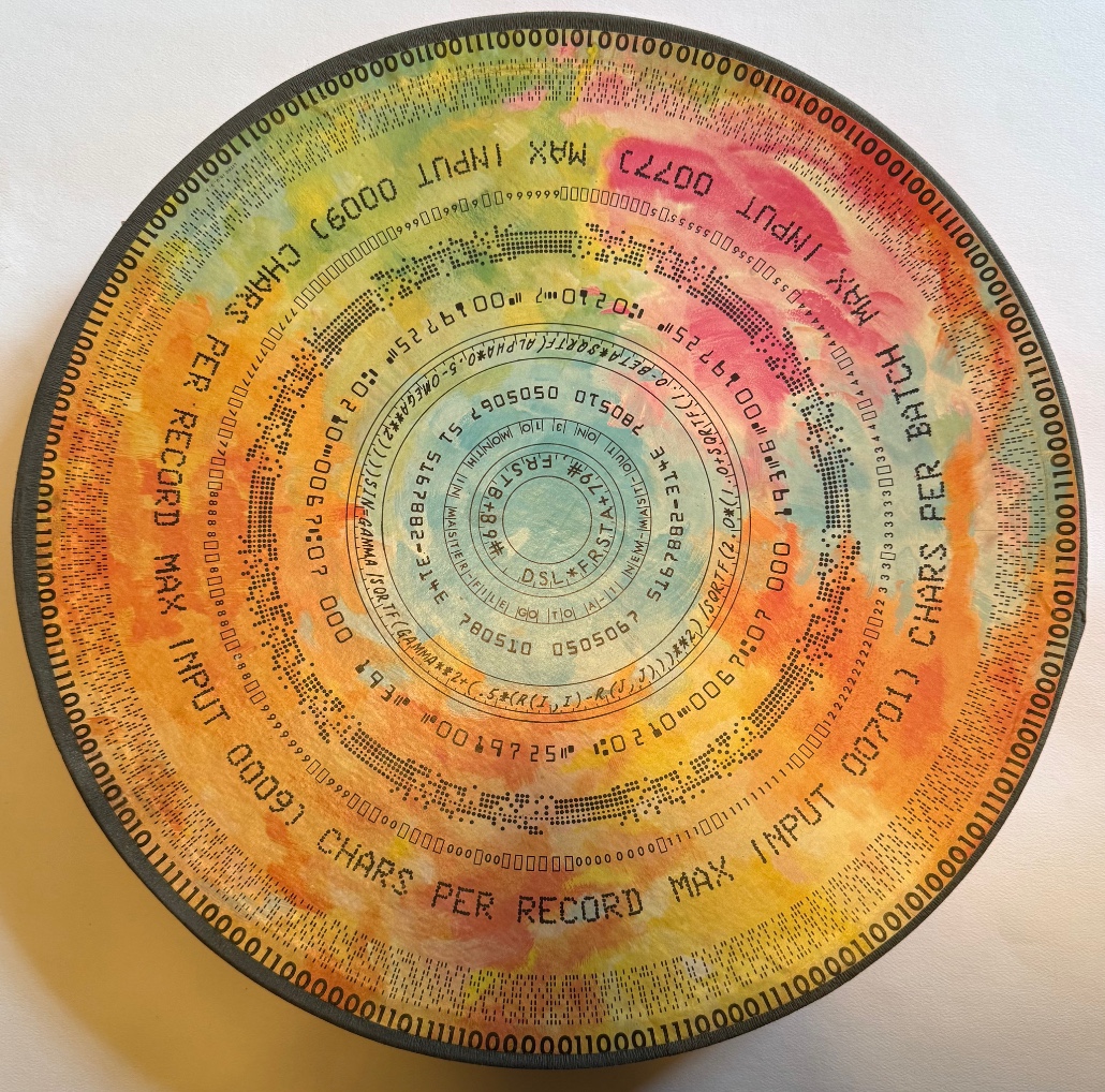 Circular abstract design featuring concentric rings of data, mathematical code, and soft watercolor clouds.