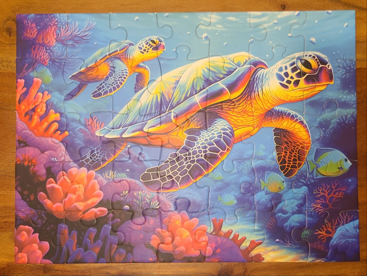 Two vibrant sea turtles swimming over a colorful coral reef under blue water.