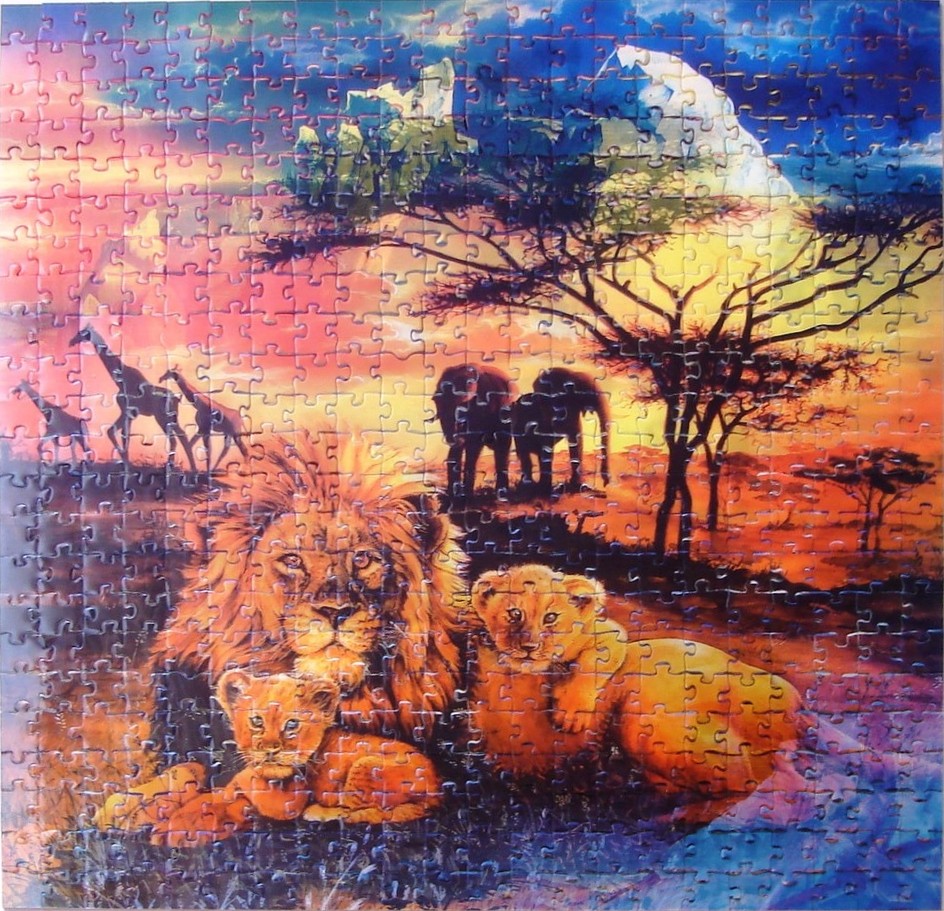 A lion family resting in a vibrant African savannah sunset scene with silhouettes of elephants and giraffes.