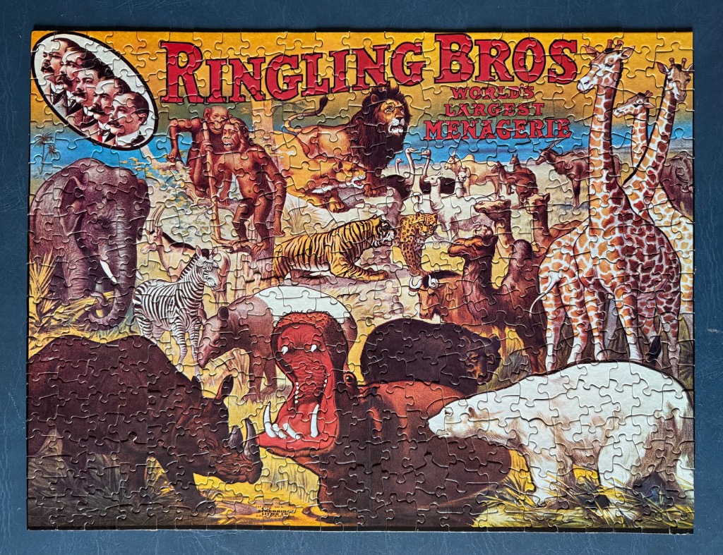 Vintage circus advertisement illustration featuring many wild animals and the Ringling Bros text.