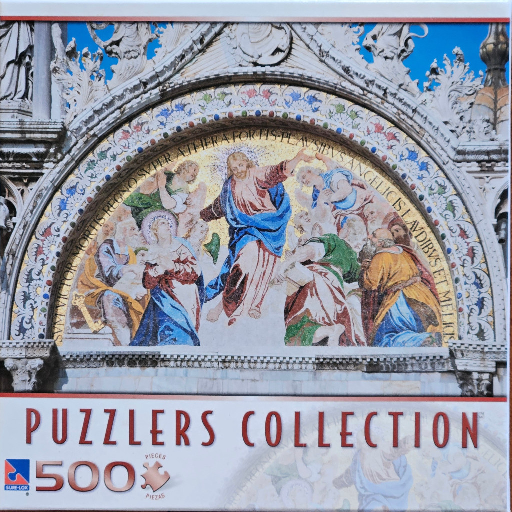 A mosaic depiction of the Resurrection of Christ set within a stone archway.
