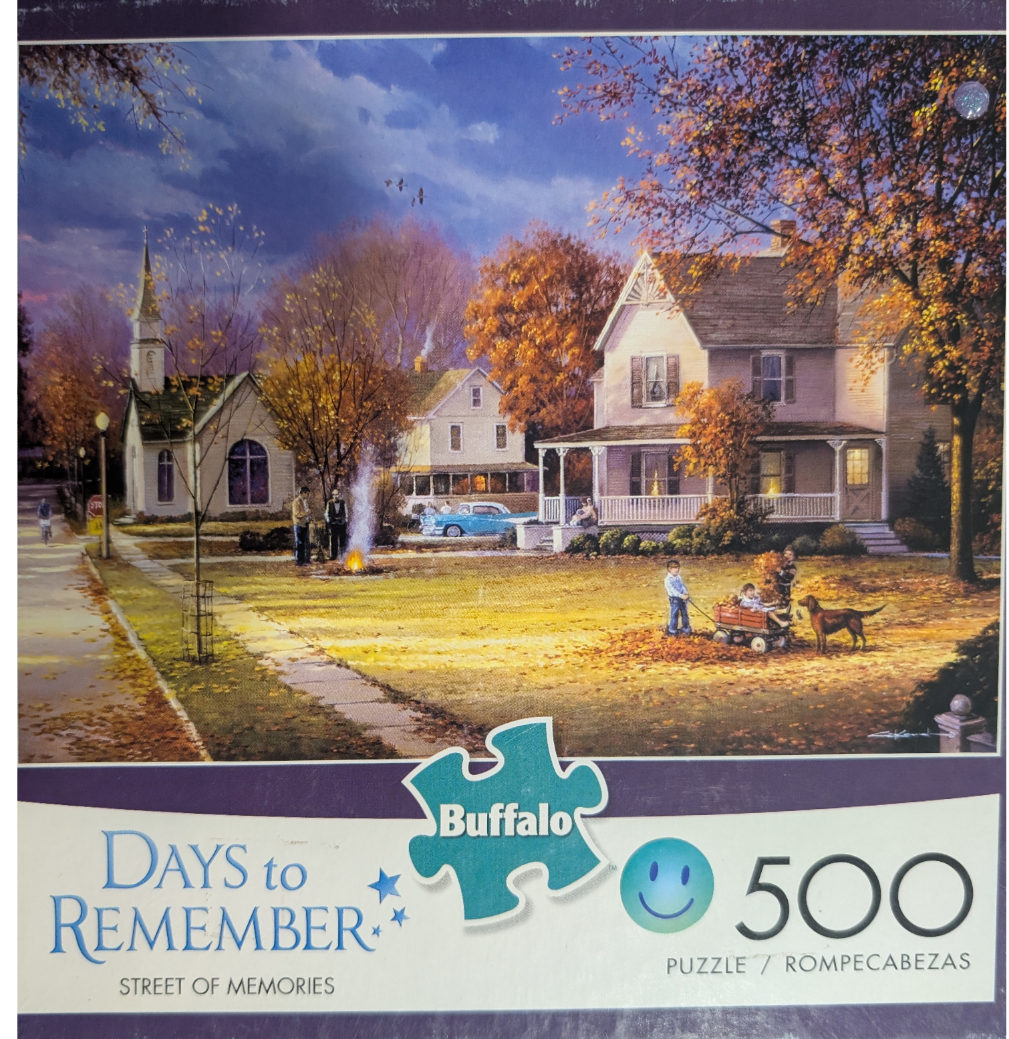 A nostalgic autumn scene featuring a neighborhood with a church, houses, a campfire, and children playing in leaves.