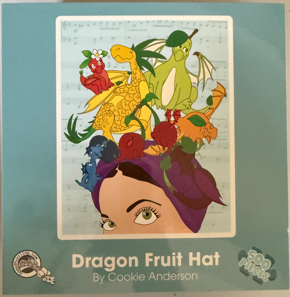 Cartoon illustration of a woman wearing a fruit-themed hat populated by several small, colorful dragons.