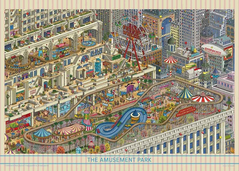 An intricate, isometric illustration of an elaborate amusement park built into a multi-level urban cityscape.