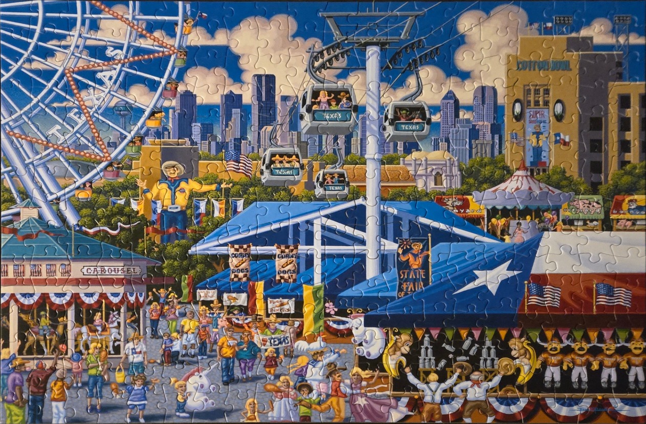 Illustrated scene of the Texas State Fair with a ferris wheel, skyway, carousel, and crowds.