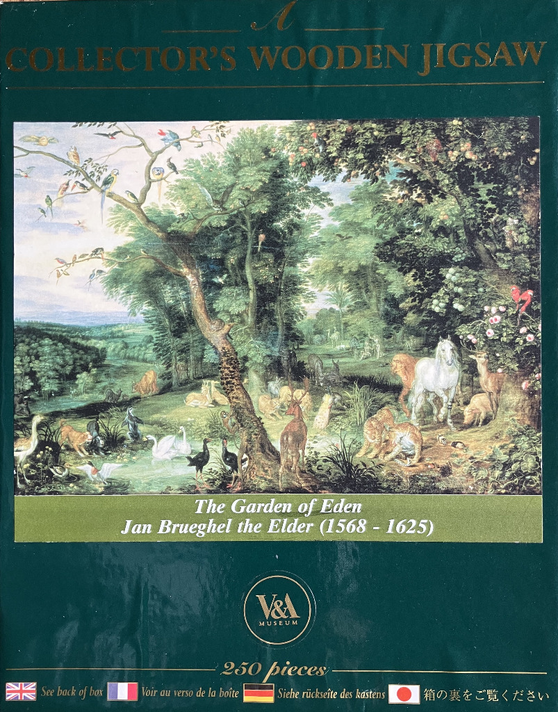 The Garden of Eden by Jan Brueghel the Elder, a lush landscape painting filled with diverse animals and exotic birds.
