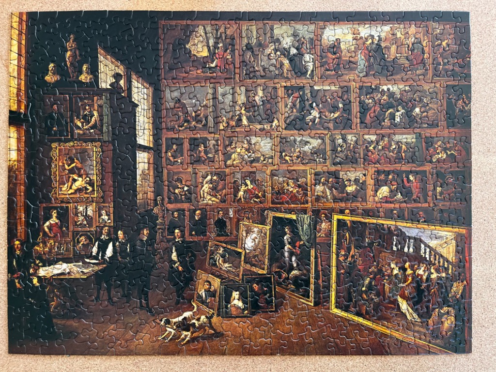 A detailed painting of a crowded art gallery interior filled with numerous paintings on the walls.