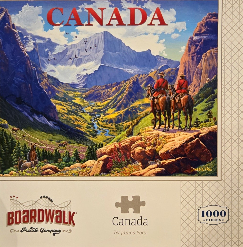 An oil painting of two Royal Canadian Mounted Police officers on horseback overlooking a mountain valley.