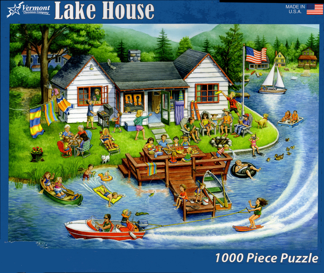 A lively outdoor scene at a lake house with family and friends enjoying swimming, boating, and a cookout.