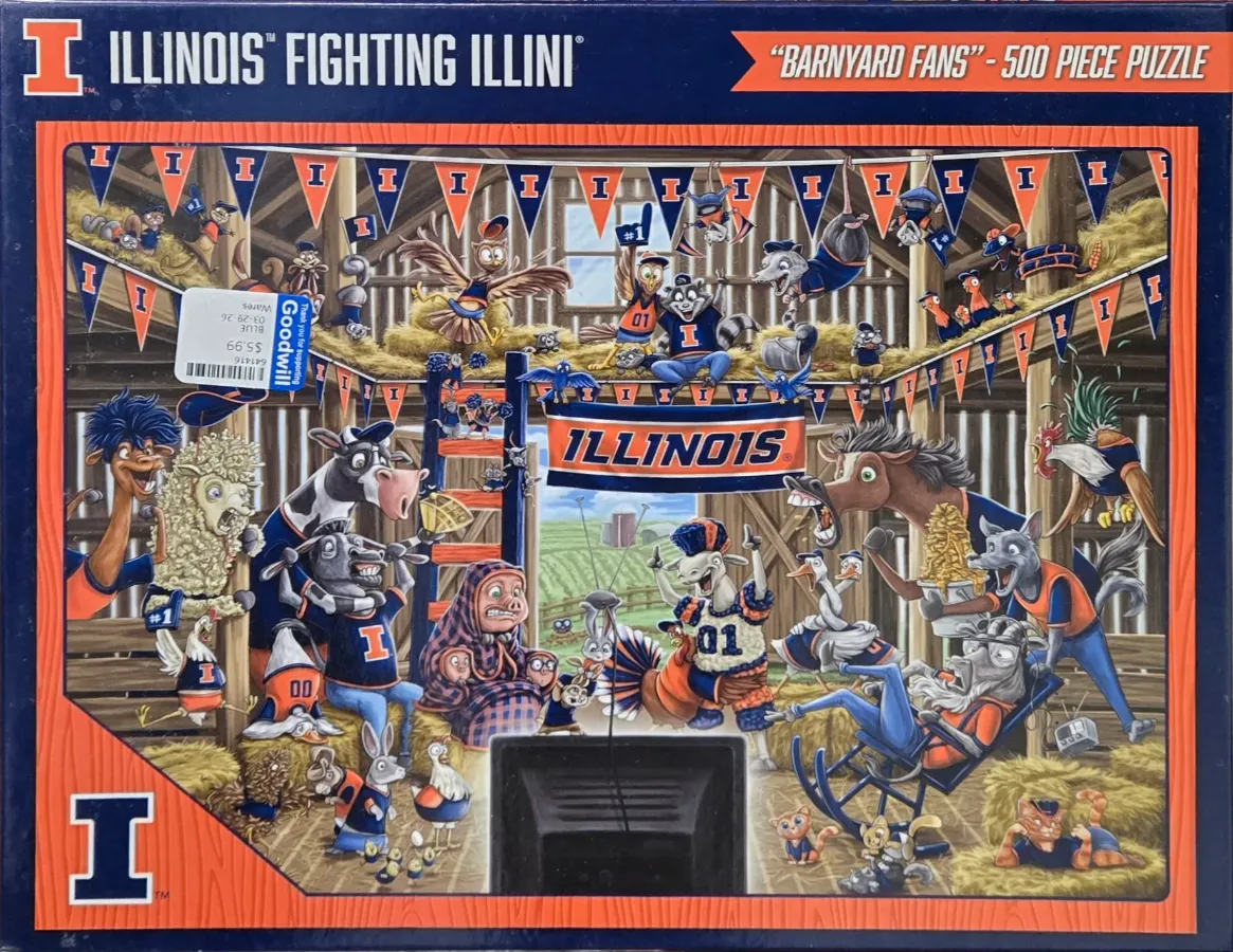 Cartoon illustration of farm animals dressed in university sports gear cheering in a barn.