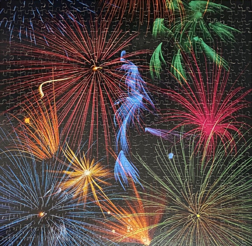 Colorful fireworks explode in a dark night sky.